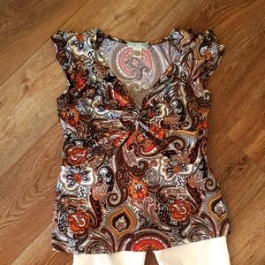 Vintage Suzie Brown and Orange Ruffled Tie Front Blouse Size: L